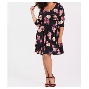 Torrid Black Floral Stretch 3/4 Sleeves Mini Studio Knit Skater Dress Size 1X